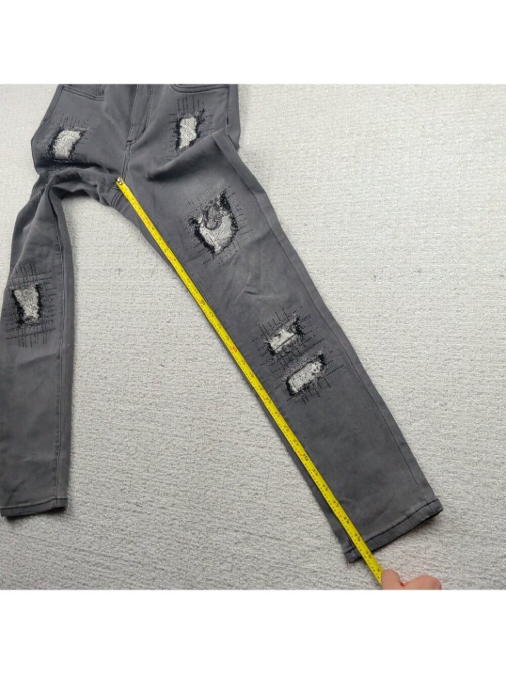 Joseph Ribkoff Dark Gray Distressed Patchwork Rhinestone Jeans Grunge Alt Read - Picture 7 of 9